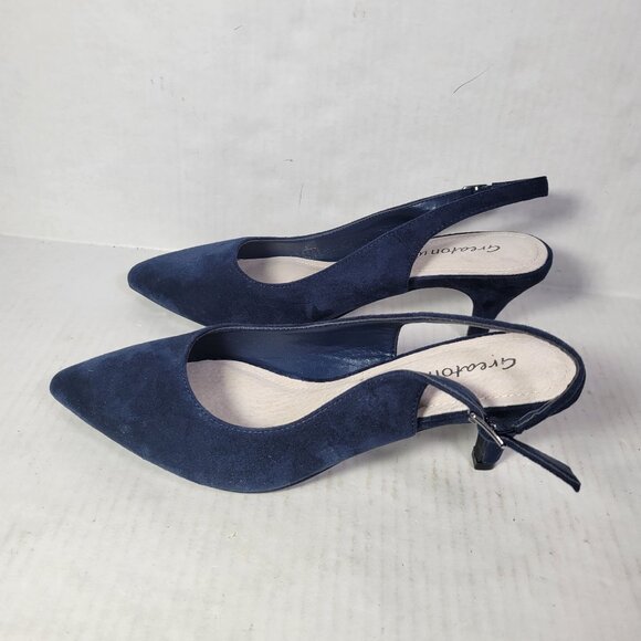 Crestbon Women Navy Blue Pointed-Toe Slingback Kitten Heel Suede Heels Size 7.5 - Picture 1 of 8